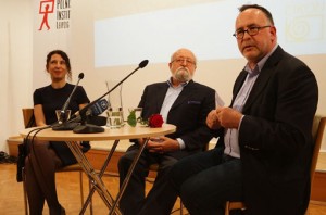 Martin Hoffmeister, Head of Music Department at MDR and ICMA Jury Member (r.), presented the film in Leipzig. At his left we see composer  Penderecki and film director Anna Schmidt.